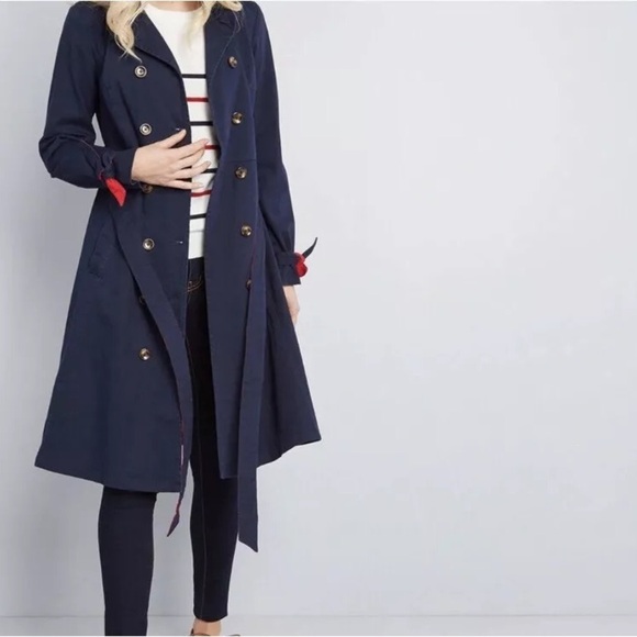 Modcloth Women's Classic Imagination Trench Coat Swing Navy Blue Red NWT Size M - Picture 3 of 16